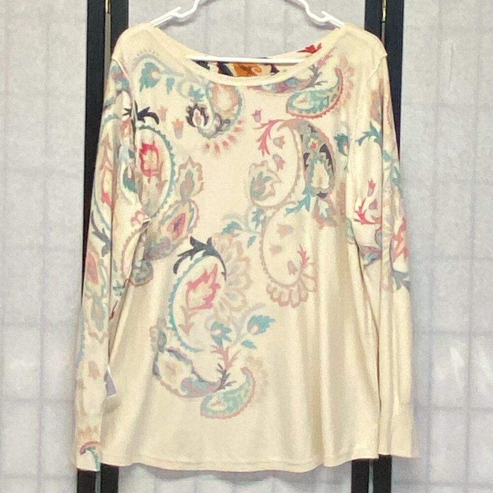 Chico’s Rust Green XL Knit Sweater Tee Long Sleeve Paisley Bateau Neck Pull Over - Picture 6 of 14